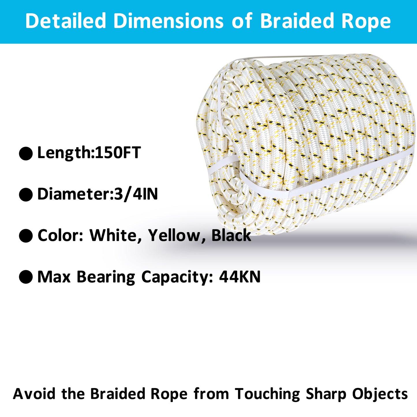 findmall 3/4 Inch 150 Feet 24 Strands Braided Rope Tree Felling Rope High Strength Polyester Rope for Swing Camping Bundling White Yellow Black