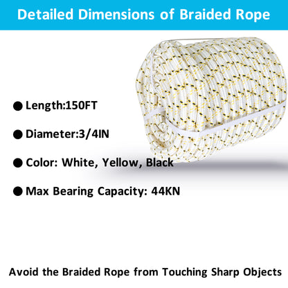 findmall 3/4 Inch 150 Feet 24 Strands Braided Rope Tree Felling Rope High Strength Polyester Rope for Swing Camping Bundling White Yellow Black