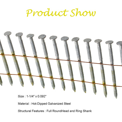 3600 Count Siding Nails 1-1/4 Inch by .092 Inch 15 Degree Ring Shank Hot-Dipped Galvanized Collated Wire Coil. Adapted to Gun Type CN55 or CN45.