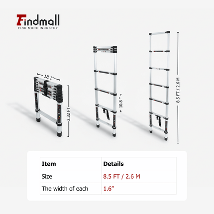 findmall Aluminum Telescoping Ladder with Hooks– Portable Collapsible Extension Ladder with Carry Bag for Home, RV & Outdoor Use