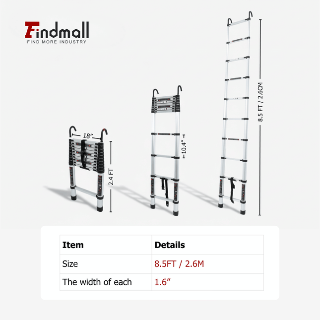 findmall Aluminum Telescoping Ladder with Hooks– Portable Collapsible Extension Ladder with Carry Bag for Home, RV & Outdoor Use