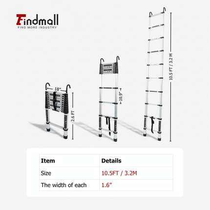 findmall Aluminum Telescoping Ladder with Hooks– Portable Collapsible Extension Ladder with Carry Bag for Home, RV & Outdoor Use
