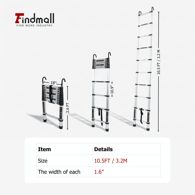 findmall Aluminum Telescoping Ladder with Hooks– Portable Collapsible Extension Ladder with Carry Bag for Home, RV & Outdoor Use