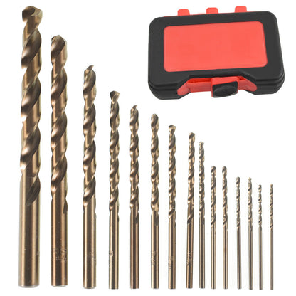 15Pcs Cobalt Drill Bit Set, M35 Jobber Length Twist Drill Bits, Fit for Drilling in Hard Metal 1/16-3/8 Inch