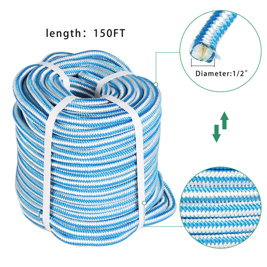 findmall 1/2 Inch 16 Braid Polyester Rope Pulling Ropes Arborist Rigging Rope 150 FT Blue White