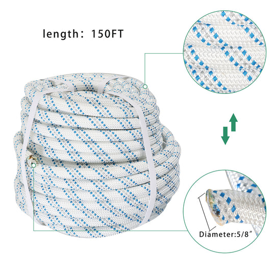 findmall 5/8 In Braid Polyester Rope Bull Rigging High Force Polyester Rope 150 FT White Grey Blue