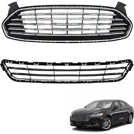 Findmall 2-Piece Black and Chrome Front Upper and Lower Radiator Grille Kit Replacement for Fusion 2013-2016