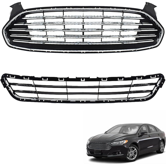 Findmall 2-Piece Black and Chrome Front Upper and Lower Radiator Grille Kit Replacement for Fusion 2013-2016