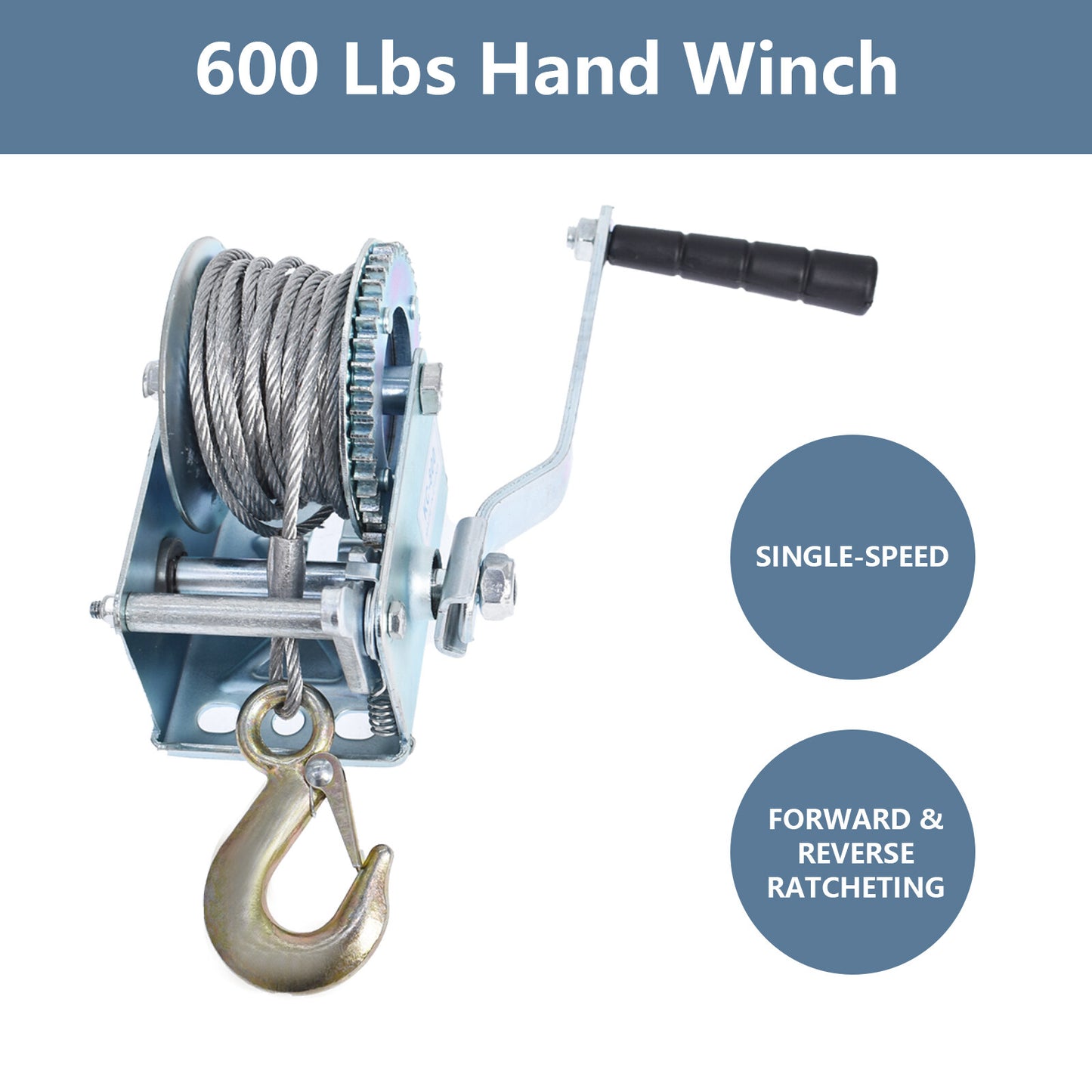 Heavy Duty Hand Winch 600Lbs Hand Crank Strap Gear with 8m Steel Wire Manual Operated Two-Way Ratchet ATV Boat Trailer Marine for Trailering or Loading Boats Personal Watercraft and Lawn Equipment