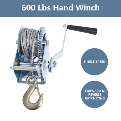 Heavy Duty Hand Winch 600Lbs Hand Crank Strap Gear with 8m Steel Wire Manual Operated Two-Way Ratchet ATV Boat Trailer Marine for Trailering or Loading Boats Personal Watercraft and Lawn Equipment