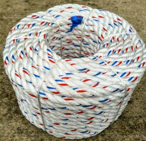 findmall 1/2 In Braid Polyester Rope Bull Rigging High Force Polyester Rope 150 FT White Red Blue