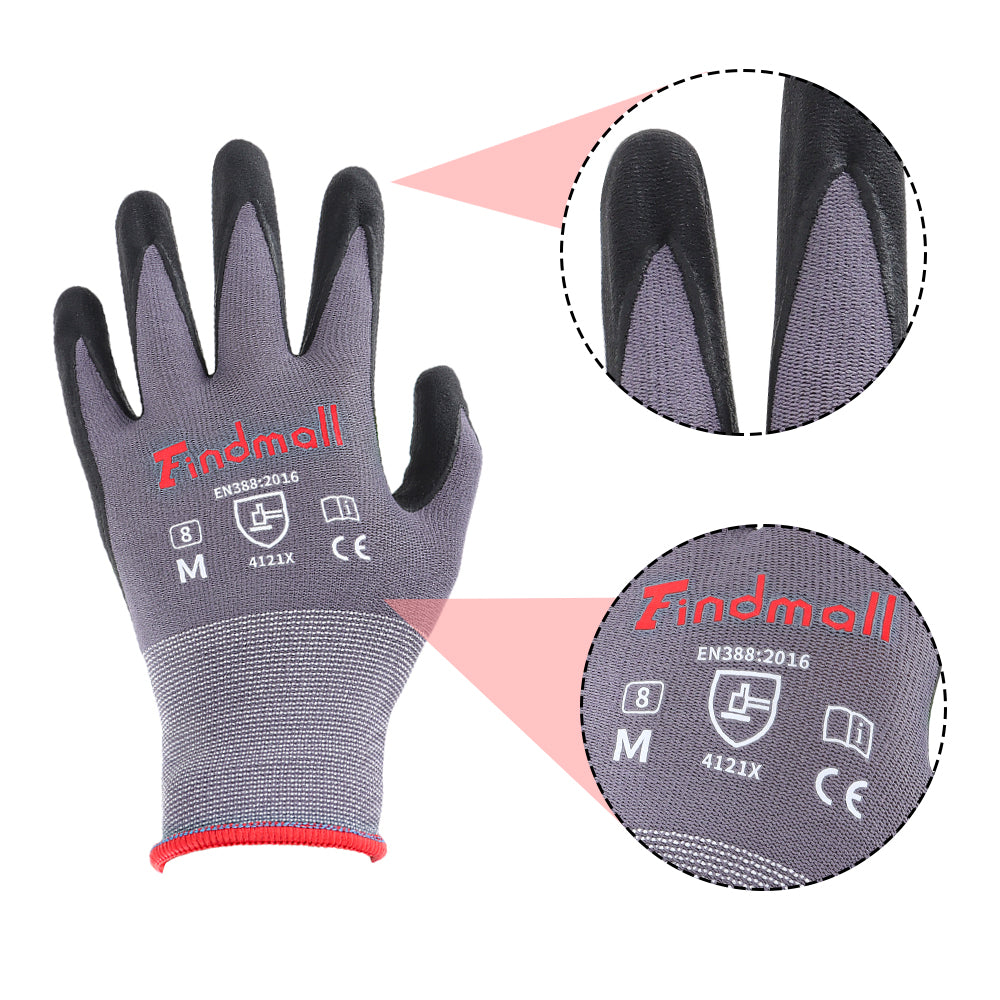 findmall Safety Work Gloves MicroFoam Nitrile Coated Foam Gloves M-Size/12 Pairs