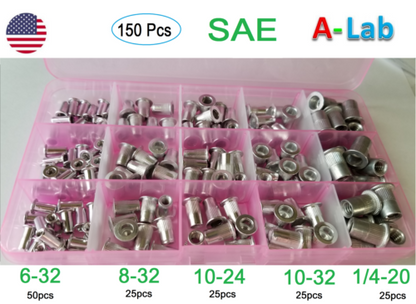 findmall 150Pcs Rivet Nuts Kit SAE (6-32, 8-32, 10-24, 10-32, 1/4-20) Aluminum Flat Head Threaded Rivet Nut Insert Nutsert Rivet Nuts Assortment Kit