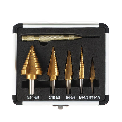 findmall 6Pc HSS Titanium Ladder Bits, with Automatic Center Punch, 5 High-speed Steel Drill Bits of 50 Specifications