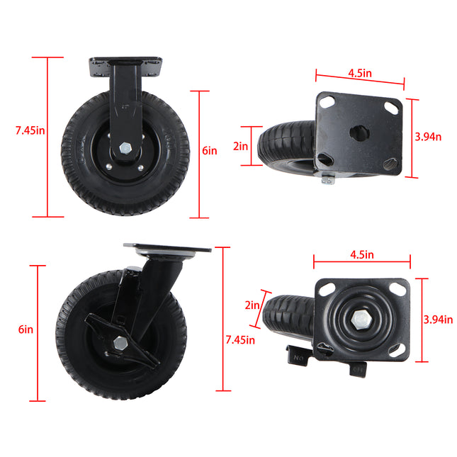 Findmall 4 Pack 8" Rubber Swivel & Rigid Caster Wheels with Wheel Brake, Top Plate Mount, Heavy Duty Casters for Flat Carts, Dollies & Workbenches