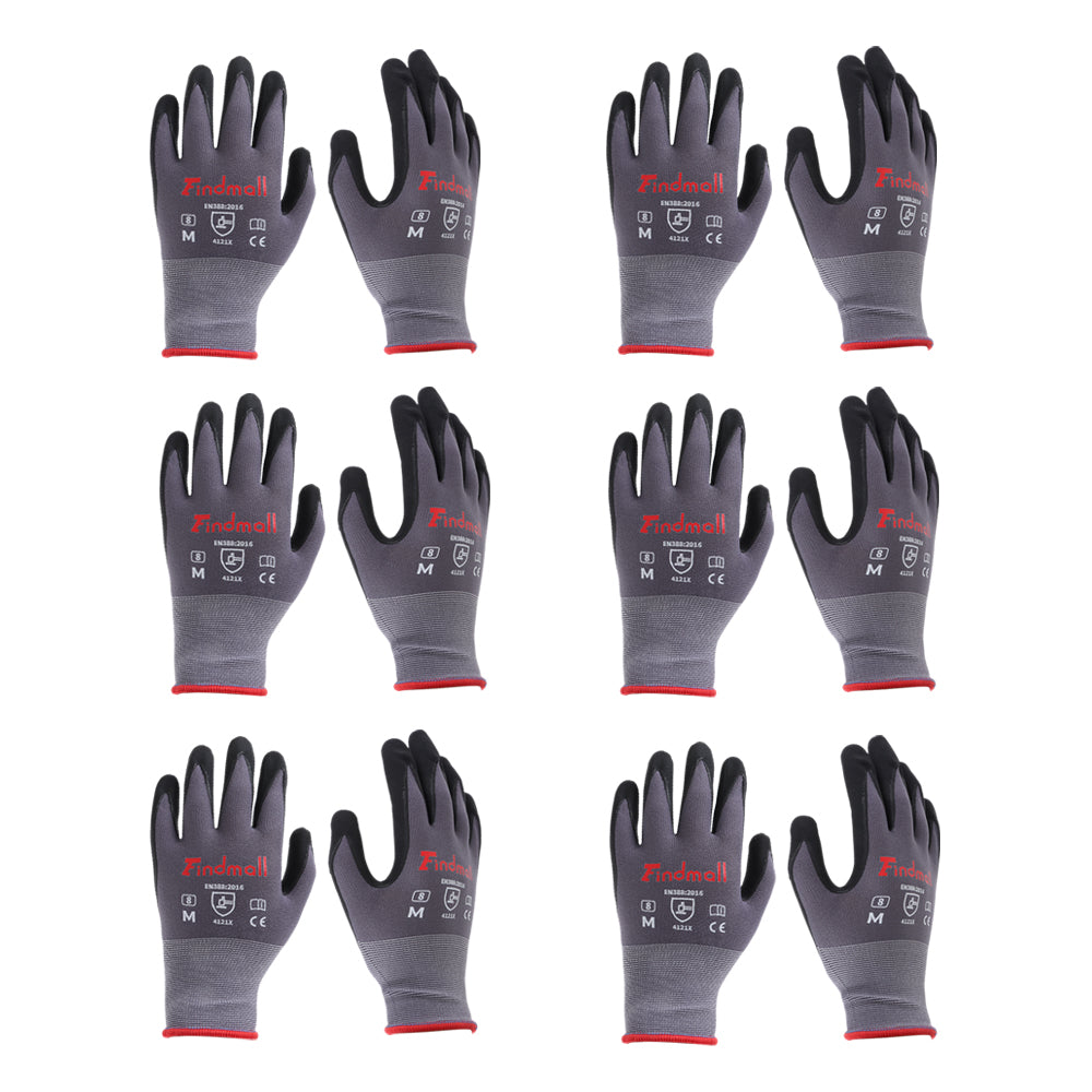 findmall Safety Work Gloves MicroFoam Nitrile Coated Foam Gloves M-Size/6 Pairs