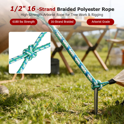 findmall 1/2" 16-Strand Braided Polyester Rope – Heavy Duty Arborist Rigging & Tree Pulling Rope for Outdoor, Camping & Utility Use