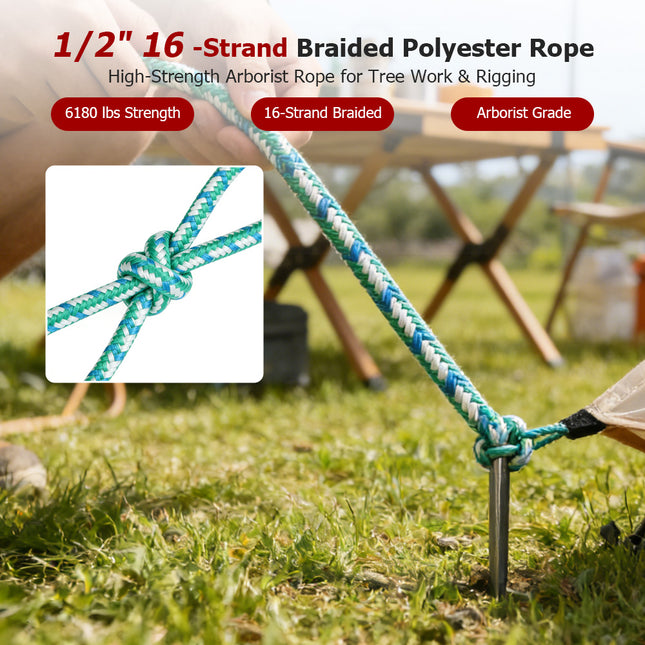 findmall 1/2" 16-Strand Braided Polyester Rope – Heavy Duty Arborist Rigging & Tree Pulling Rope for Outdoor, Camping & Utility Use