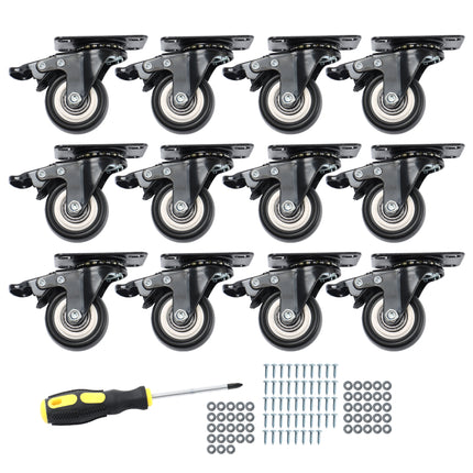 Findmall 12 Pack 2 Inch Polyurethane Swivel Caster Wheels with Total Lock Brake, Plate Mount, Heavy Duty Replacement Casters for Furniture, Carts, Workbenches & Cabinets