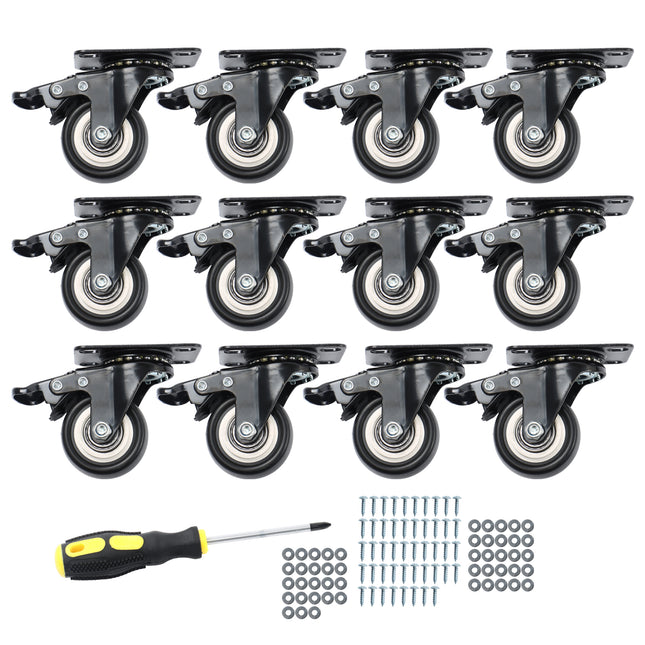 Findmall 12 Pack 2 Inch Polyurethane Swivel Caster Wheels with Total Lock Brake, Plate Mount, Heavy Duty Replacement Casters for Furniture, Carts, Workbenches & Cabinets