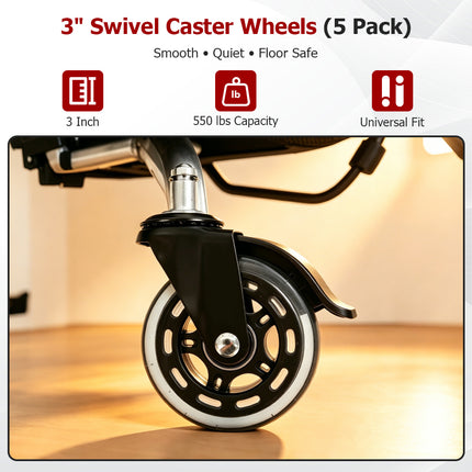 findmall Heavy Duty 3" Swivel Caster Wheels (5 Pack) with 7/16" Stem – Smooth & Quiet 360° Rolling for Furniture, Floor, Carpet & Tile (Black)