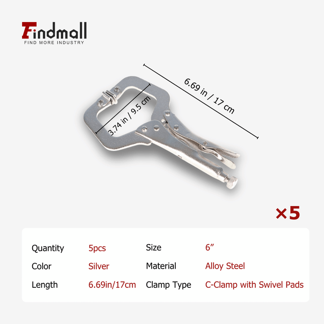 findmall 5PCS 6" & 11" C-Clamp Locking Pliers Set – Adjustable Swivel Pad Vise Grip Pliers for Woodworking, Welding & Metalwork