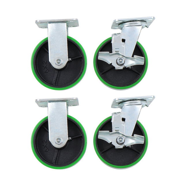 Findmall 4 Pack 6 Inch Heavy Duty Caster Set, 2 Swivel Casters with Total Lock Brake & 2 Rigid Casters, Plate Mount, Polyurethane on Cast Iron Wheels for Carts, Workbenches & Industrial Equipment