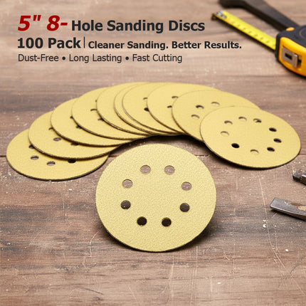 findmall 5" 8-Hole Sanding Discs (100 Pack) – Hook & Loop Orbital Sandpaper with 60–220 Assorted Grits for Smooth Finishing