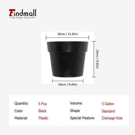 Findmall 5pc Plastic Nursery Plant Pots with Drainage Holes – Durable Garden Planters for Flowers, Herbs & Vegetables