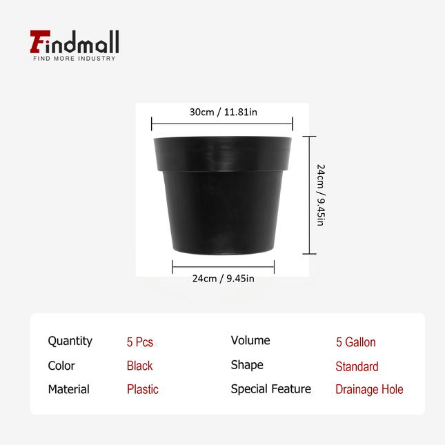 Findmall 5pc Plastic Nursery Plant Pots with Drainage Holes – Durable Garden Planters for Flowers, Herbs & Vegetables