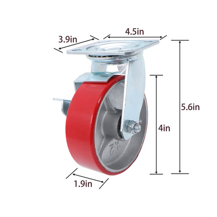 Findmall 2 Pack 6 Inch Polyurethane Swivel Caster Wheels with Total Lock Brake, Plate Mount, Heavy Duty Replacement Casters for Carts, Workbenches &amp; Industrial Equipment