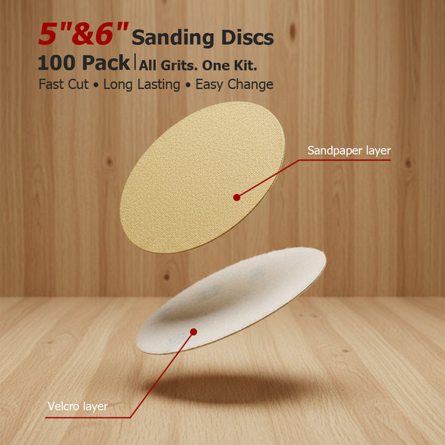 findmall 5" & 6" Sanding Discs (100 Pack) – Hook & Loop Sandpaper with Assorted Grits 60/80/120/180/240/320 for Smooth Finishing
