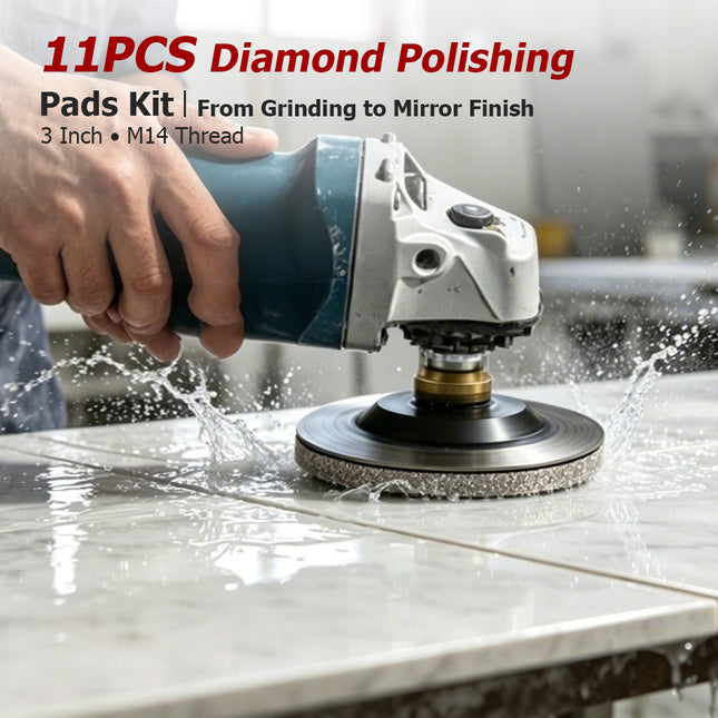 findmall 11PCS 3 Diamond Polishing Pads Kit – Wet/Dry Polishing Pads Set with Backer Pad for Granite, Marble, Quartz, Stone & Glass