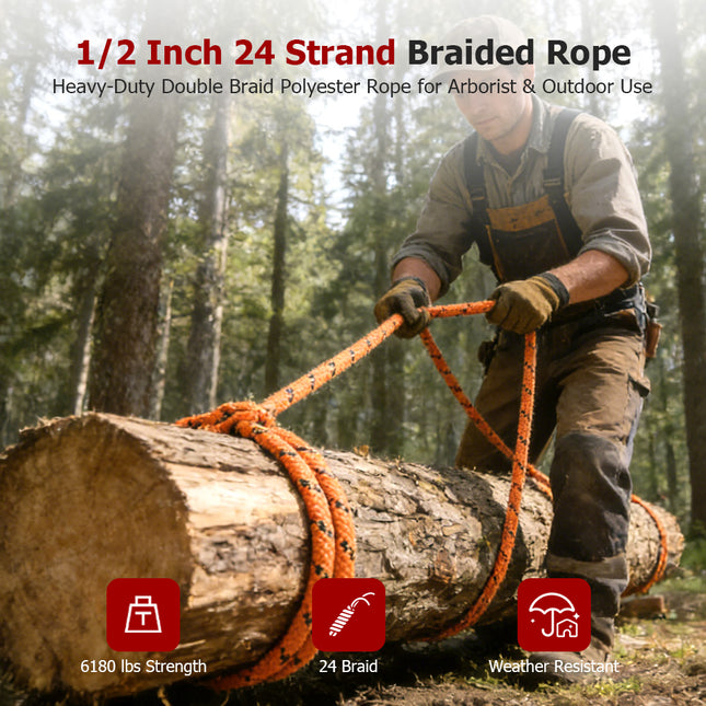 findmall 1/2 Inch 24 Strand Braided Rope – Heavy Duty Polyester Pulling Rope for Tree Work, Rigging & Outdoor Utility
