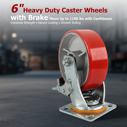 findmall Heavy Duty 6" Metal Caster Wheels (4 Pack) with Brake – 360° Swivel Industrial Casters for Carts, Workbench & Equipment