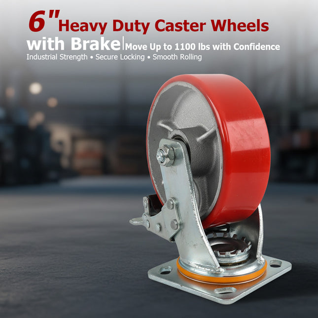 findmall Heavy Duty 6" Metal Caster Wheels (4 Pack) with Brake – 360° Swivel Industrial Casters for Carts, Workbench & Equipment