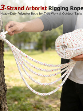 findmall 3-Strand Arborist Rigging Rope – Heavy Duty Tree Climbing & Outdoor Work Rope, 2038 LBS Breaking Strength (White&Red)