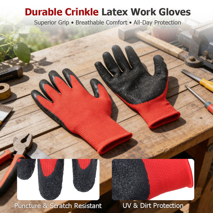 findmall 12 Pairs Crinkle Latex Coated Work Gloves – Durable Rubber Grip Safety Gloves for Construction, Warehouse, Gardening & Assembly