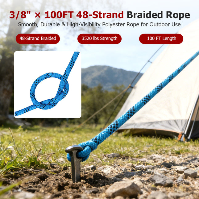 findmall 3/8 In x 100FT 48 Braided Polyester Tree Work Rope – Heavy Duty Rigging Cord with 3250 Lbs Breaking Strength for Outdoor, Swing & Camping
