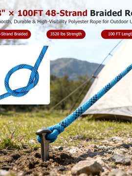 findmall 3/8 In x 100FT 48 Braided Polyester Tree Work Rope – Heavy Duty Rigging Cord with 3250 Lbs Breaking Strength for Outdoor, Swing & Camping