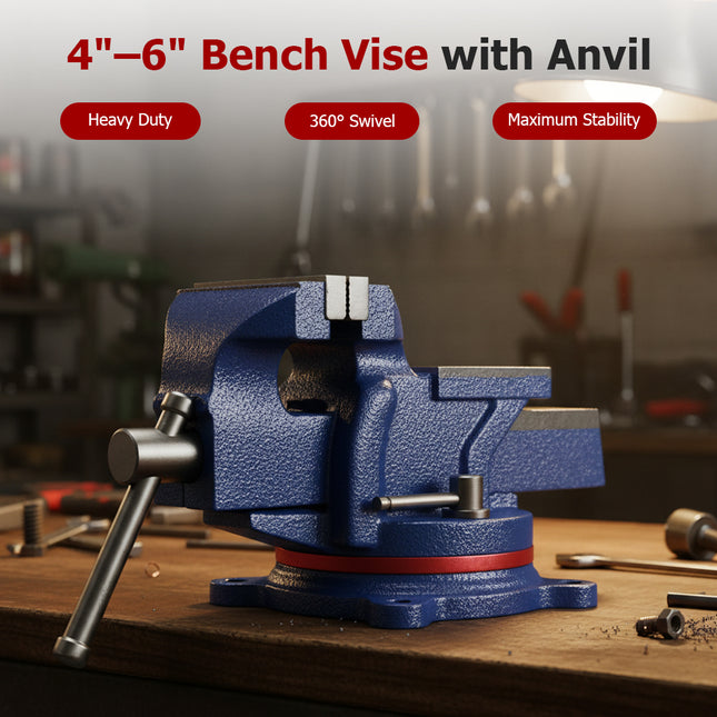 findmall 4"–6" Bench Vise with Anvil – Heavy Duty Tabletop Vise with Swivel Locking Base for Workshop & DIY Use