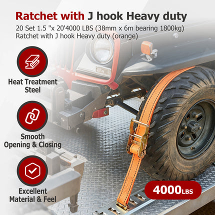 Findmall 4/10/20 Pack 1.5" x 15'/20' J Hook Ratchet Straps 4000Lbs Heavy Duty Tie Down Straps for Truck, Trailer, Cargo Transportation
