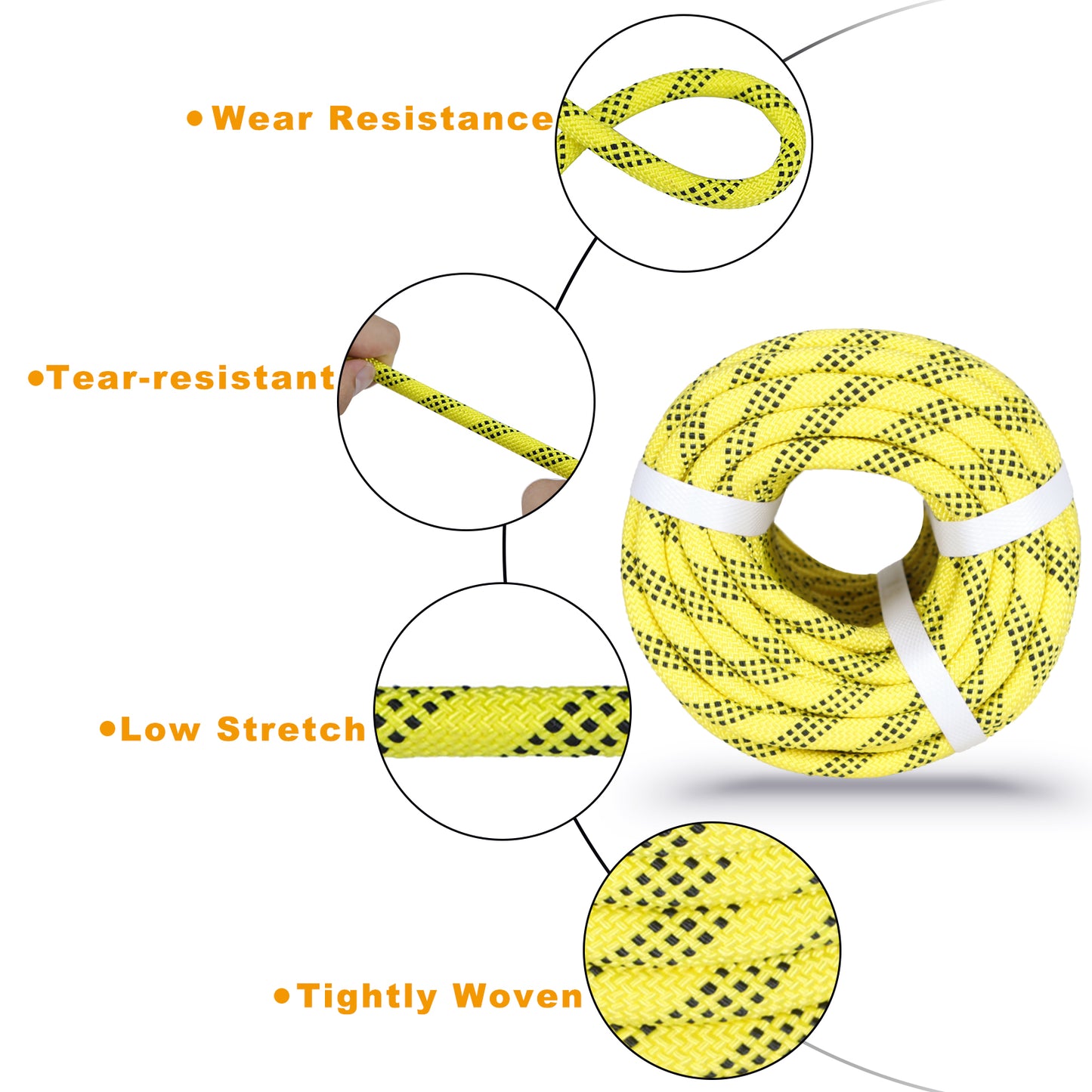 findmall 3/8 Inch 100 Feet Braided Polyester Rope Tree Work Rope Rigging Rope for Outdoor Swing Camping 3250 LBS Yellow Black