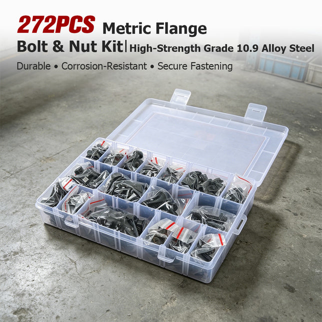 findmall 272PCS Metric Flange Hex Bolts & Nuts Kit – M6/M8/M10 Class 10.9 Black Zinc Plated, Full Thread Assortment (12–30mm)