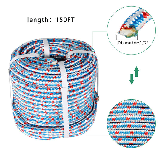 findmall 1/2 Inch 16 Braid Polyester Rope Pulling Ropes Arborist Rigging Rope 150 FT Red White Blue