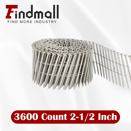 Findmall 304 Stainless Steel 15-Degree Coil Siding Nails, 0.090" Ring Shank Wire Collated Nails for CN45 Coil Nail Gun