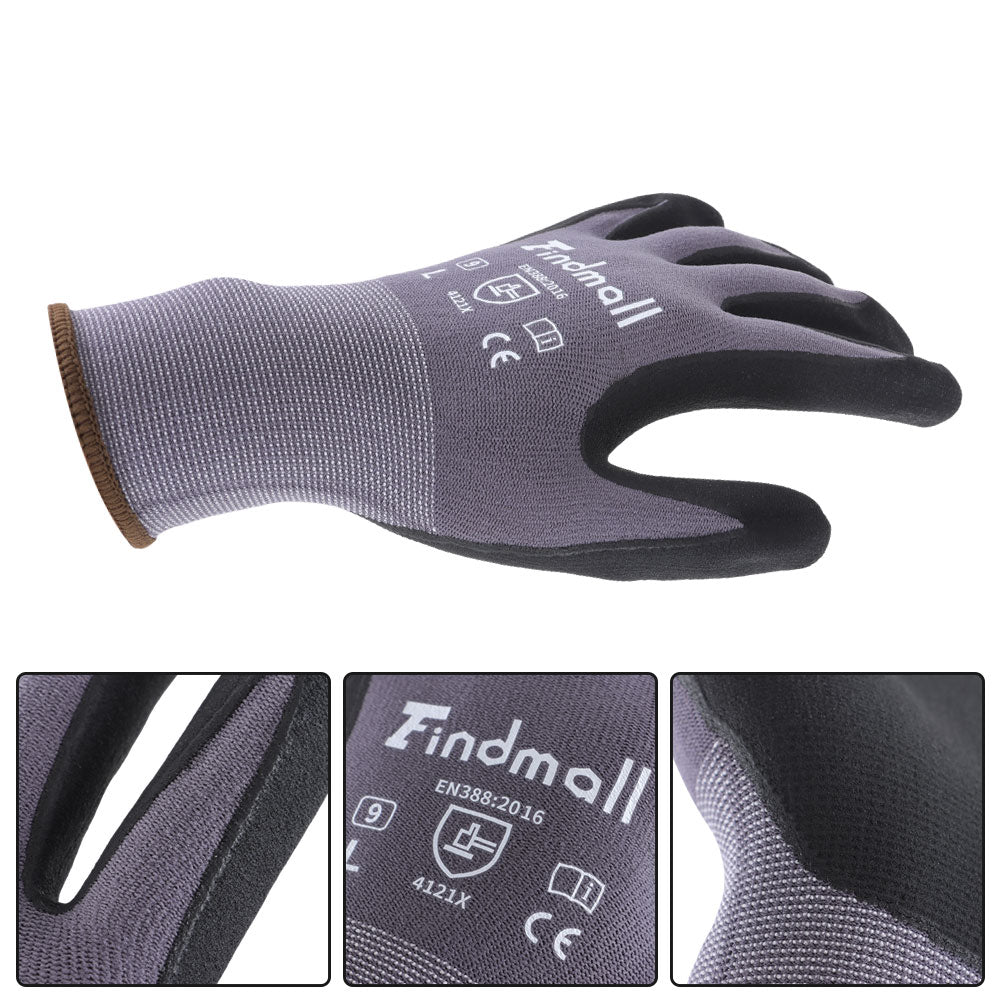 findmall Safety Work Gloves MicroFoam Nitrile Coated Foam Gloves L-Size/6 Pairs