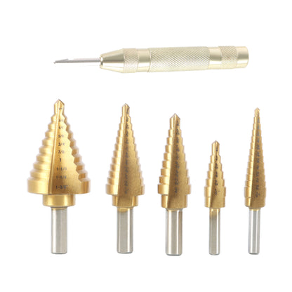 findmall 6Pc HSS Titanium Ladder Bits, with Automatic Center Punch, 5 High-speed Steel Drill Bits of 50 Specifications