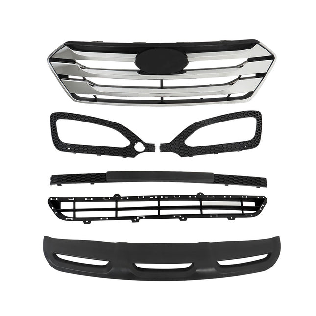 Findmall 5-Piece Black and Chrome Front Upper and Lower Grille and Fog Light Bezel Set Replacement for Santa Fe Sport 2013-2016