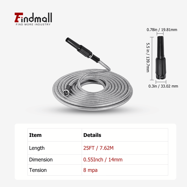 findmall Stainless Steel Garden Hose with Nozzle – Flexible, Kink-Free, Rust-Proof Heavy Duty Metal Water Hose